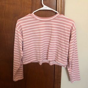 pink and white striped cropped long sleeve tee